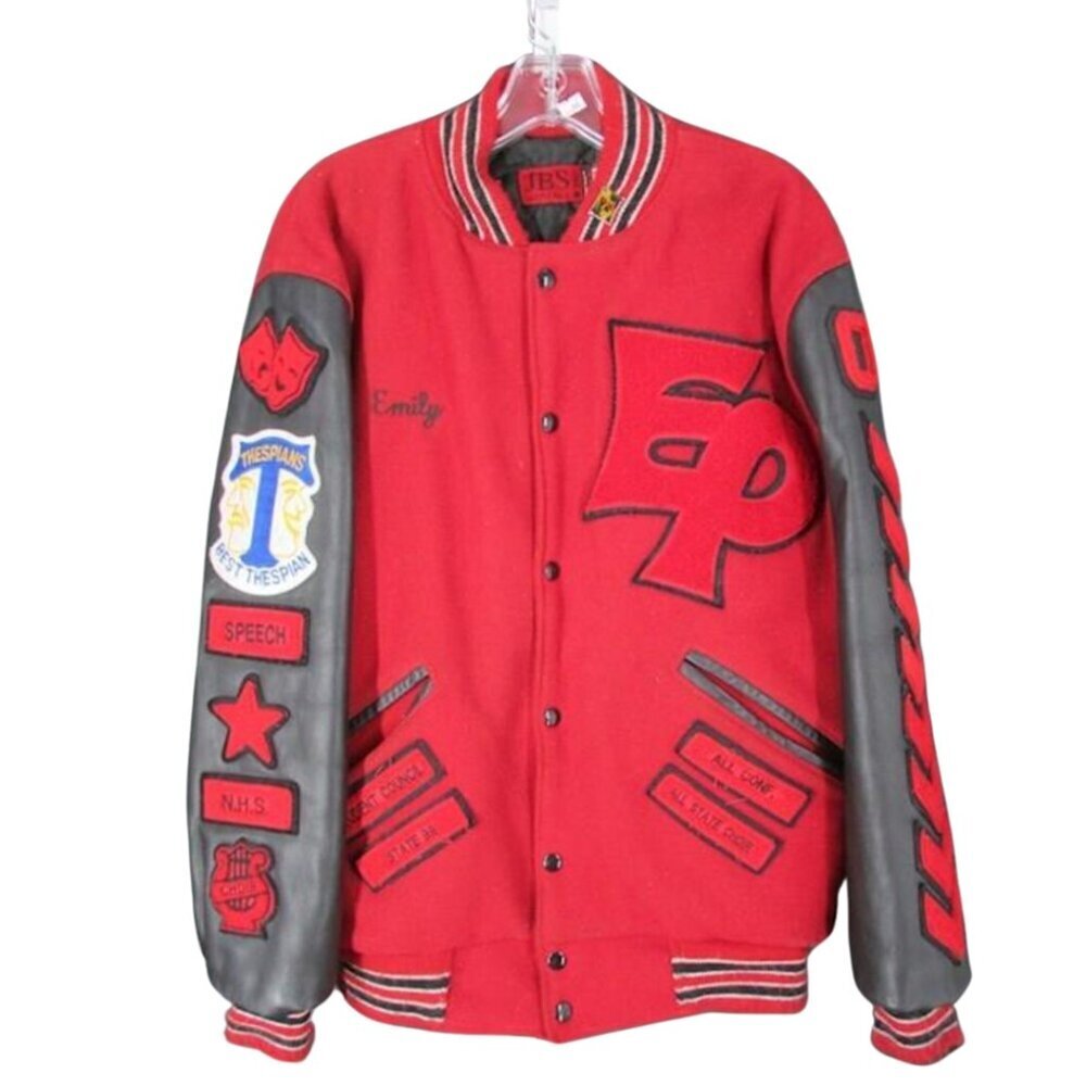 JBS Apparel Women's Vintage Red/Black Patched Snap-Up Wool Varsity Jacket SZ L